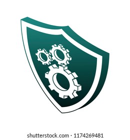 Gears on shield isometric blue lines
