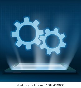Gears on the smartphone screen. Search engine optimization and Internet technology. Stock vector illustration.