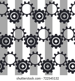 Gears on stripes background, seamless pattern. Vector background.