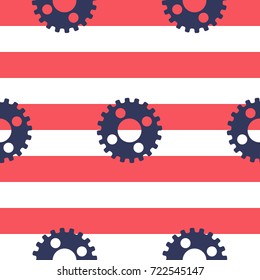 Gears on stripes background, seamless pattern. Vector background.