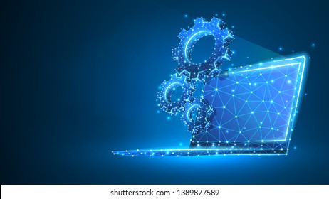 Gears on white laptop screen. Industry, business solution, technology, settings concept. Abstract, digital, wireframe, low poly mesh, vector blue neon 3d illustration. Triangle, line, dot, star