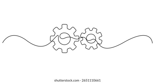 Gears in one continuous line drawing. Single continuous line art style illustration of gears wheels. Two moving cog gear. Teamwork concept. Vector illustration