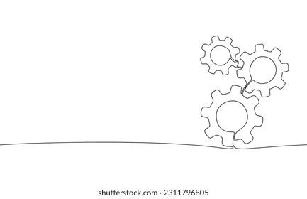 Gears as one line continuous outline vector illustration. Line art gears isolated on white background  in minimal style.