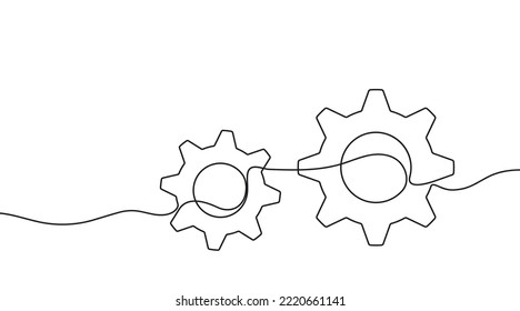 Gears one line drawing. One continuous line illustration of gears wheels. Two moving cog gear. Vector illustration.