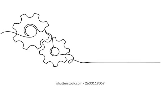 Gears one line drawing. One continuous line illustration of gears wheels. Two moving cog gear. Vector illustration, Gear Continuous Line Icon, Gears in one continuous line drawing. Continuous single.