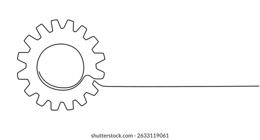 Gears one line drawing. One continuous line illustration of gears wheels. Two moving cog gear. Vector illustration, Gear Continuous Line Icon, Gears in one continuous line drawing. Continuous single.