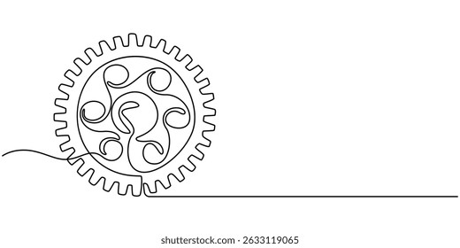 Gears one line drawing. One continuous line illustration of gears wheels. Two moving cog gear. Vector illustration, Gear Continuous Line Icon, Gears in one continuous line drawing. Continuous single.