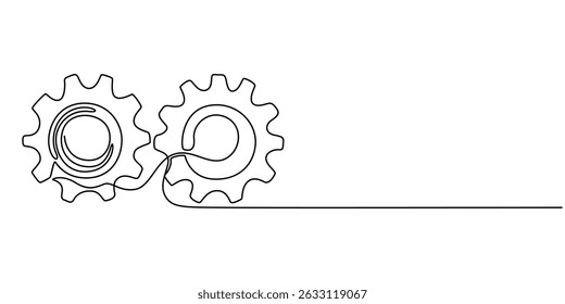 Gears one line drawing. One continuous line illustration of gears wheels. Two moving cog gear. Vector illustration, Gear Continuous Line Icon, Gears in one continuous line drawing. Continuous single.
