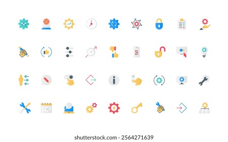 Gears of operation and settings control, setup management on panel with equalizer color icon set. Data modification, update and download, human finger on slider flat elements vector illustration