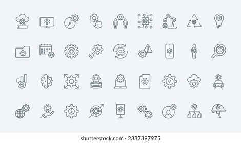 Gears, operations of repair and maintenance system line icons set vector illustration. Outline cogwheels of mechanism and wrench, pictograms of control and update data, technical modification