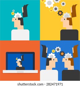 Gears over men heads thinking sharing ideas.