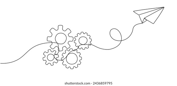 Engranajes con avión de papel una línea editable continua. Concepto de aprendizaje, negocios, trabajo en equipo y viajes. Ilustración vectorial.