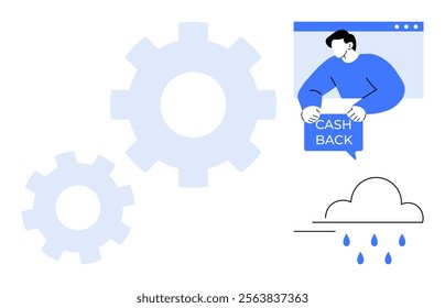 Gears and a person related to cashback placed next to an illustrated cloud with raindrops. Ideal for finance, technology, automation, weather services, and cashback offers. Simplistic vector style