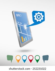 Gears and perspective smartphone vector realistic. Set of bright map pointers for printing, website, presentation element and application mockup.