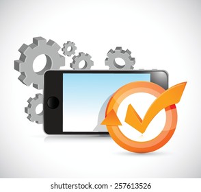 gears and phone check mark cycle illustration design over white
