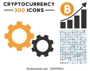 Gears pictograph with 300 blockchain, cryptocurrency, ethereum, smart contract pictures. Vector clip art style is flat iconic symbols.