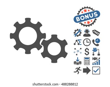 Gears pictograph with bonus elements. Vector illustration style is flat iconic bicolor symbols, cobalt and gray colors, white background.