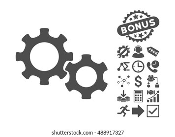 Gears pictograph with bonus elements. Vector illustration style is flat iconic symbols, gray color, white background.