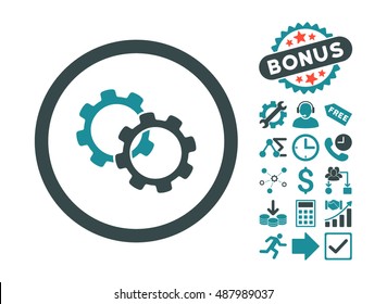 Gears pictograph with bonus pictogram. Vector illustration style is flat iconic bicolor symbols, soft blue colors, white background.