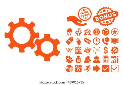 Gears pictograph with bonus pictogram. Vector illustration style is flat iconic symbols, orange color, white background.