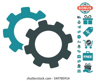 Gears pictograph with free bonus clip art. Vector illustration style is flat iconic symbols, soft blue colors, white background.