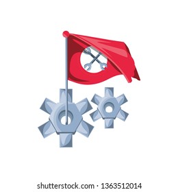 gears pinions and flag with wrenches