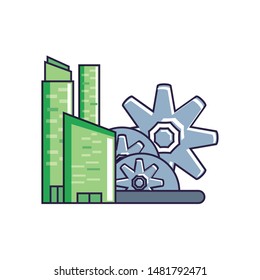 gears pinions machines with buildings facade