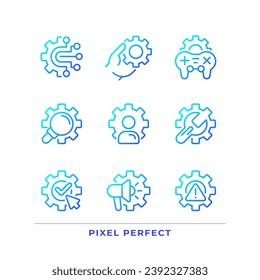 Juego de iconos vectoriales lineales de gradiente perfecto para píxeles. Personalización de la cuenta. Configuración del sistema digital. El símbolo de contorno delgado diseña el paquete. Colección de ilustraciones de esquema aisladas