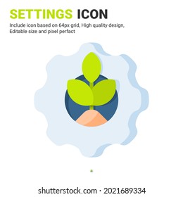 Gears And Plant Icon Vector With Flat Color Style Isolated On White Background. Vector Illustration Setting Sign Symbol Icon Concept For Digital Farming, Logo, Business, Agriculture And All Project