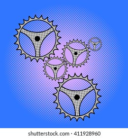 Gears pop art design vector illustration. Cogwheel separate objects. Mechanism hand drawn doodle design elements.