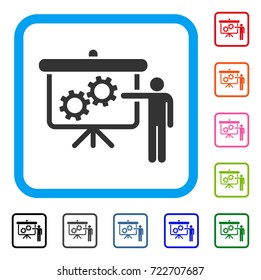 Gears Presentation Lecture icon. Flat gray pictogram symbol inside a light blue rounded rectangular frame. Black, gray, green, blue, red, orange color versions of Gears Presentation Lecture vector.