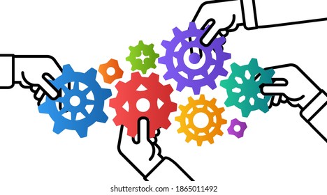 Gears in Progress., hands, icon, teamwork business strategy process, vector Isolated illustration.