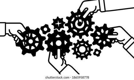 Gears in Progress., hands, icon, teamwork business strategy process, vector Isolated illustration.