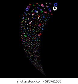 Gears random fireworks stream. Vector illustration style is flat bright multicolored iconic symbols on a black background. Object fountain done from scattered symbols.