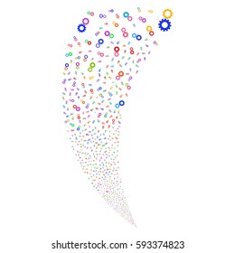 Gears random fireworks stream. Vector illustration style is flat bright multicolored iconic symbols on a white background. Object fountain done from scattered icons.