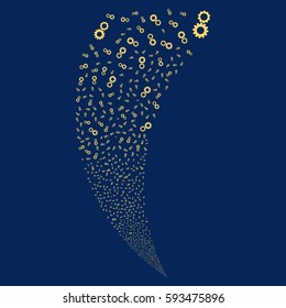 Gears random fireworks stream. Vector illustration style is flat yellow iconic symbols on a blue background. Object fountain constructed from scattered symbols.