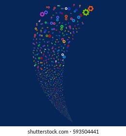 Gears random fireworks stream. Vector illustration style is flat bright multicolored iconic symbols on a blue background. Object fountain made from scattered design elements.