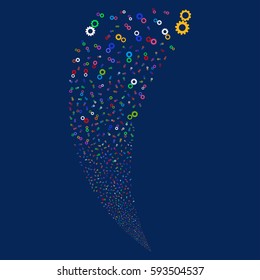 Gears random fireworks stream. Vector illustration style is flat bright multicolored iconic symbols on a blue background. Object fountain made from scattered pictographs.