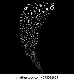 Gears random fireworks stream. Vector illustration style is flat white iconic symbols on a black background. Object fountain constructed from scattered pictograms.