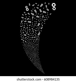 Gears random fireworks stream. Vector illustration style is flat white iconic symbols on a black background. Object fountain done from scattered symbols.