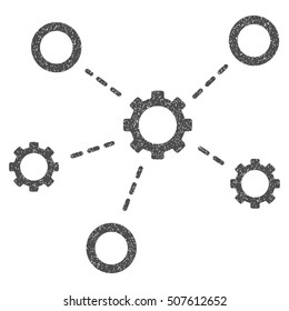Gears Relations grainy textured icon for overlay watermark stamps. Flat symbol with dirty texture. Dotted vector gray ink rubber seal stamp with grunge design on a white background.