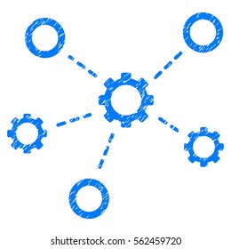 Gears Relations grainy textured icon for overlay watermark stamps. Flat symbol with unclean texture. Dotted vector blue ink rubber seal stamp with grunge design on a white background.