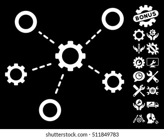 Gears Relations icon with bonus configuration icon set. Vector illustration style is flat iconic white symbols on black background.