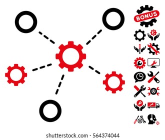 Gears Relations icon with bonus configuration icon set. Vector illustration style is flat iconic intensive red and black symbols on white background.