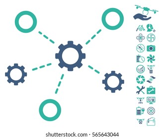 Gears Relations icon with bonus flying drone tools images. Vector illustration style is flat iconic cobalt and cyan symbols on white background.