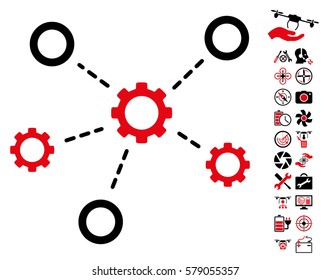 Gears Relations icon with bonus nanocopter tools design elements. Vector illustration style is flat iconic intensive red and black symbols on white background.