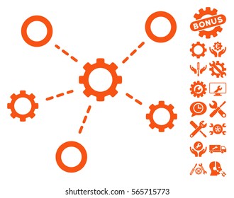 Gears Relations icon with bonus service icon set. Vector illustration style is flat iconic orange symbols on white background.