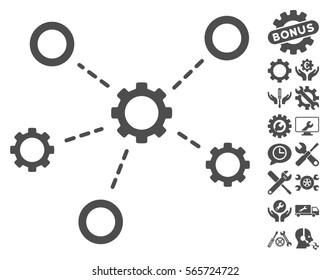 Gears Relations icon with bonus setup tools graphic icons. Vector illustration style is flat iconic gray symbols on white background.