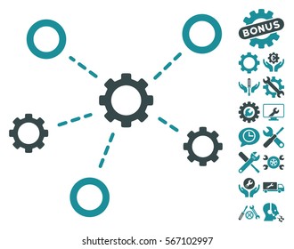 Gears Relations icon with bonus tools symbols. Vector illustration style is flat iconic soft blue symbols on white background.