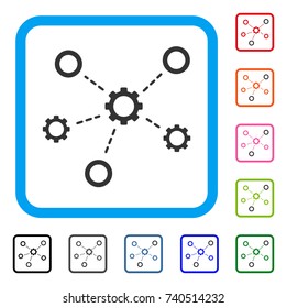 Gears Relations icon. Flat grey pictogram symbol in a light blue rounded frame. Black, gray, green, blue, red, orange color versions of Gears Relations vector. Designed for web and app user interface.